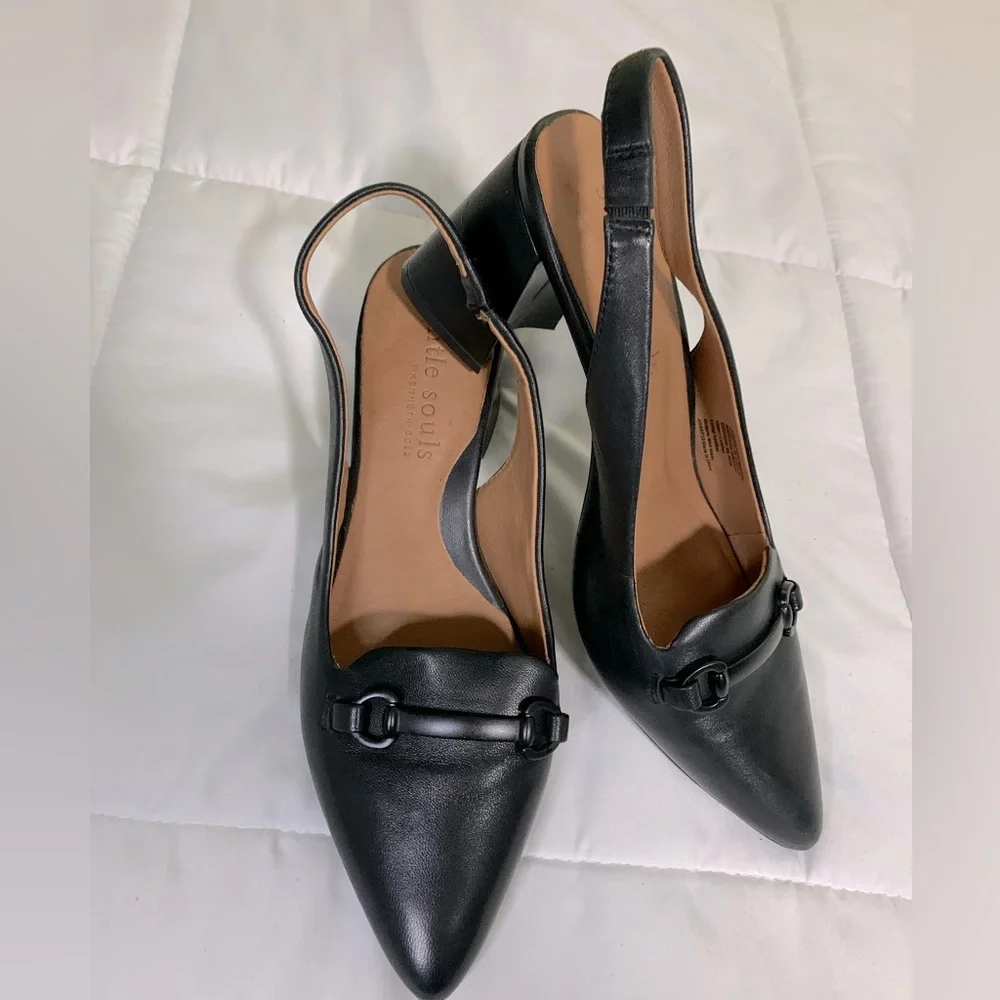 gentle souls Black Leather Slingback Block Heel Pumps